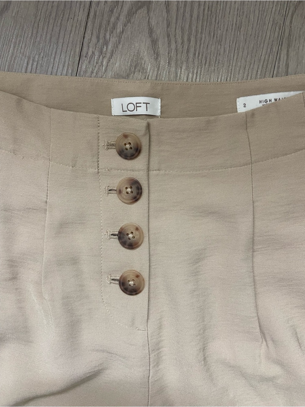 LOFT Beige Wide-Leg Pants with Button-Front Detail